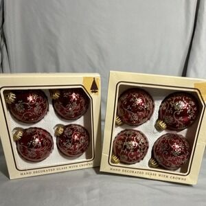 Krebs Hand Decorated Glass Round Floral Baubles Red/Gold/White Set of 4